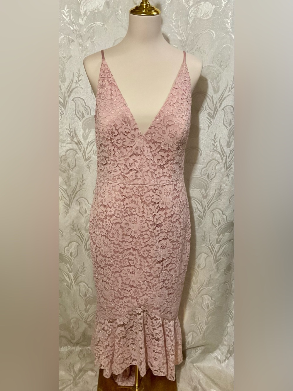 Eliza J  Metallic Lace High Low Ruffle Cocktail Dress Dusty Pink 14